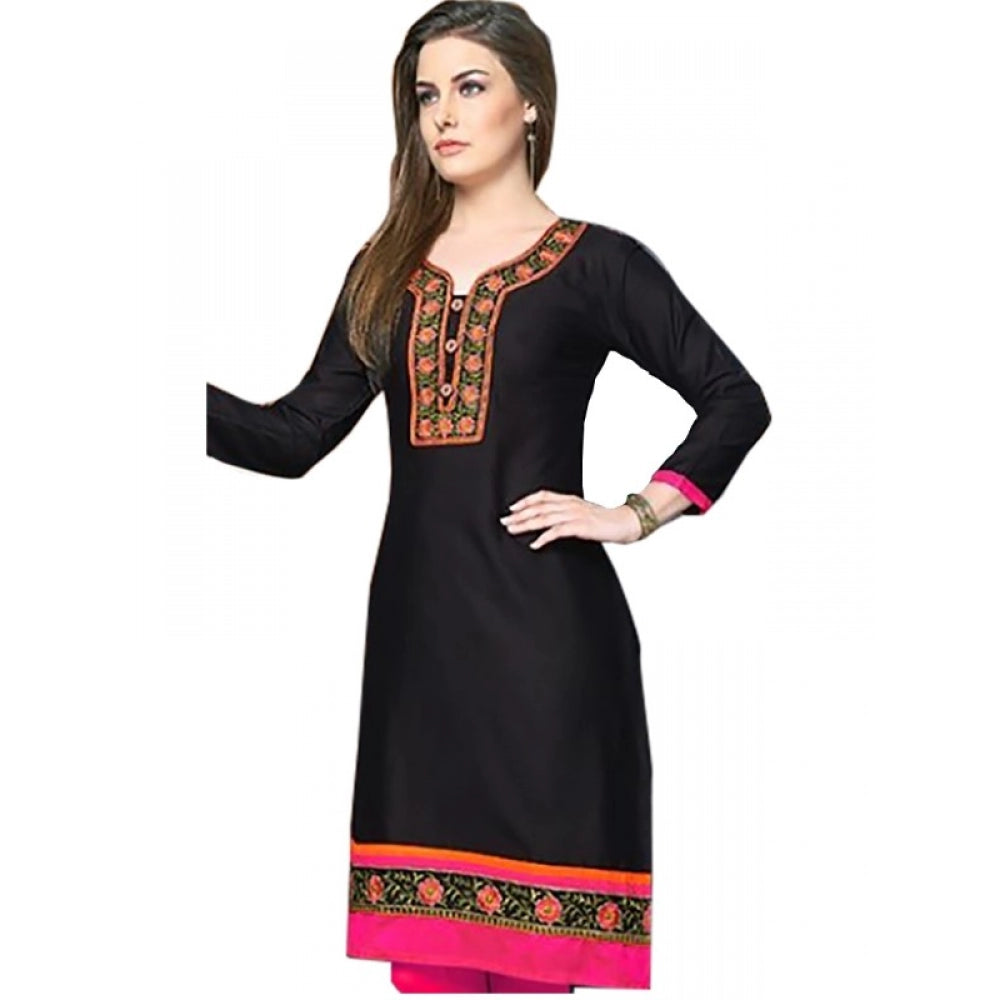 Amfyn Women's Linen and Cotton Mix Kurtis (Black, Pink, L)