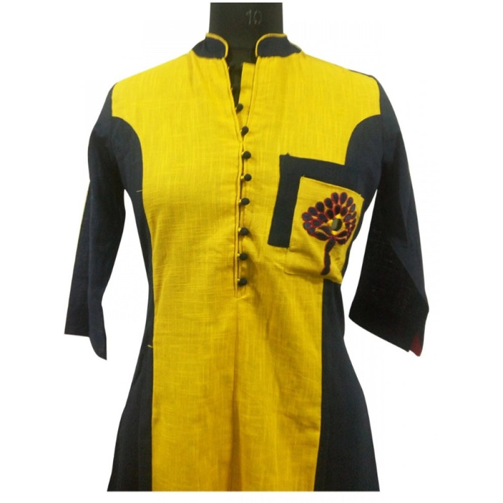 Amfyn Women's Cotton Kurtis (Yellow, Black, L)