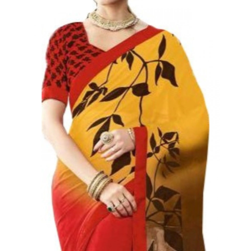 Amfyn Womens Georgette Digital Printed Saree (Red, Yellow, 6.25 Mtr)