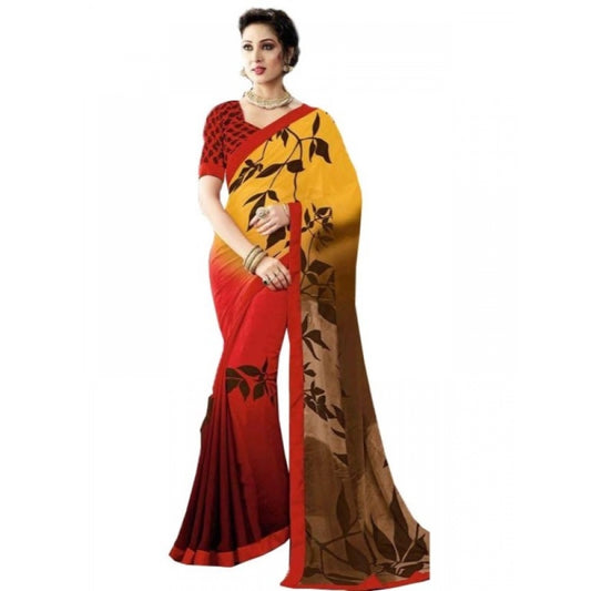 Amfyn Womens Georgette Digital Printed Saree (Red, Yellow, 6.25 Mtr)