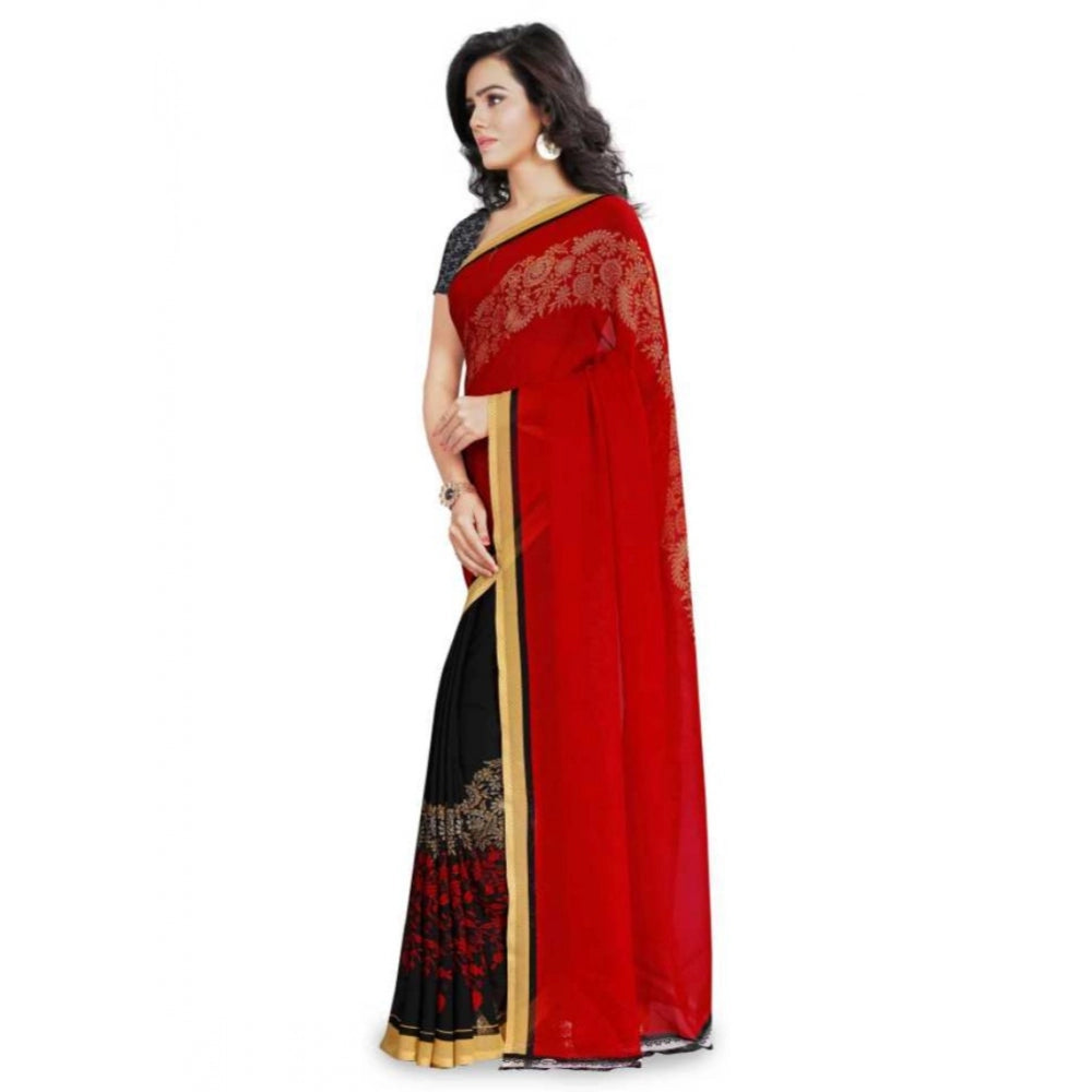 Printed Faux Georgette Red Color Saree