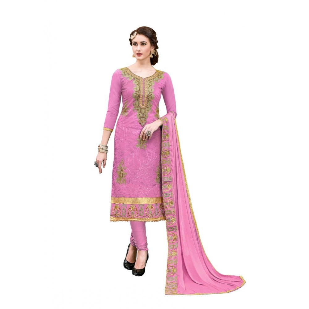 Amfyn Women's Chanderi Cotton Unstitched Salwar-Suit Material With Dupatta (Pink, 2-2.5mtrs)