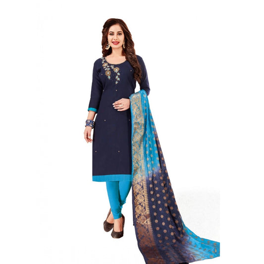 Amfyn Women's Slub Cotton Unstitched Salwar-Suit Material With Dupatta (Navy Blue, 2-2.5mtrs)