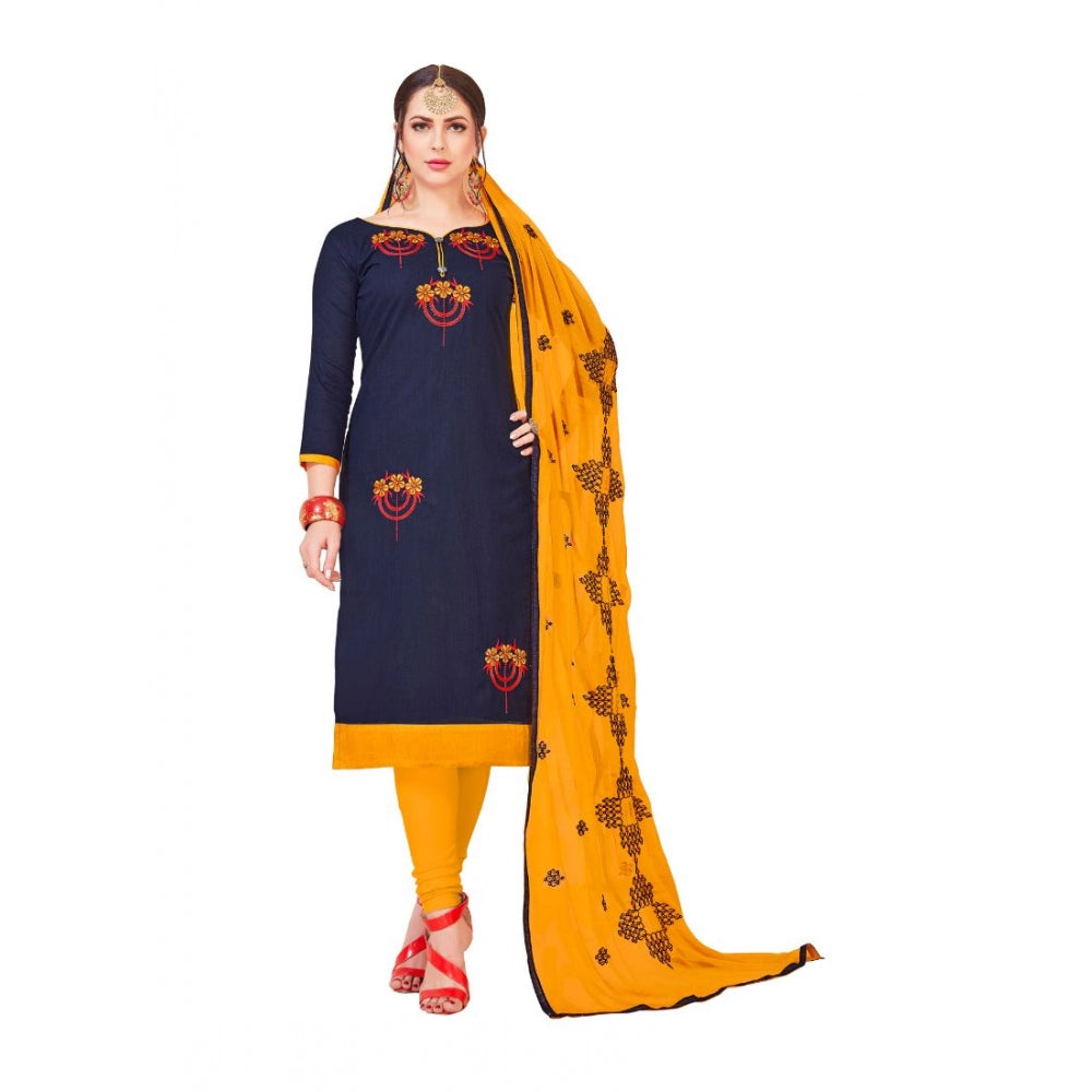 Amfyn Women's Slub Cotton Unstitched Salwar-Suit Material With Dupatta (Navy Blue, 2-2.5mtrs)