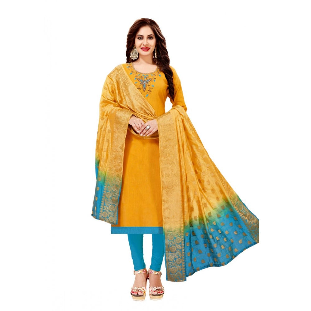 Amfyn Women's Slub Cotton Unstitched Salwar-Suit Material With Dupatta (Yellow, 2-2.5mtrs)