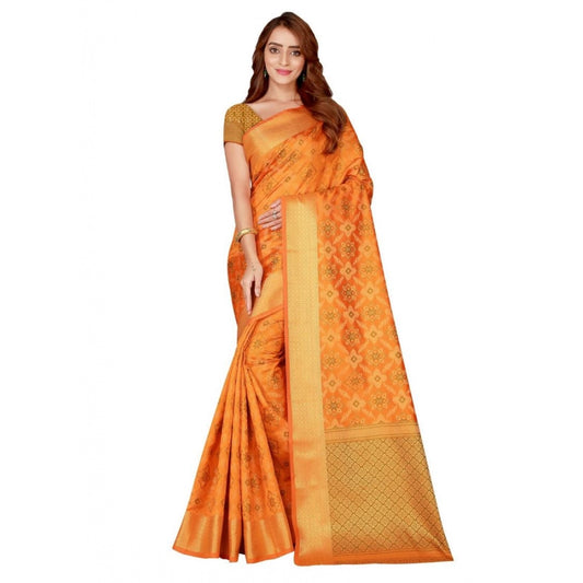 Amfyn Women's Kanjivaram Silk Saree with Blouse (Yellow, 5-6 Mtrs)