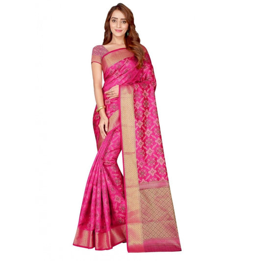 Amfyn Women's Kanjivaram Silk Saree with Blouse (Pink, 5-6 Mtrs)