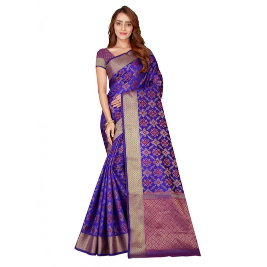 Amfyn Women's Kanjivaram Silk Saree with Blouse (Blue, 5-6 Mtrs)