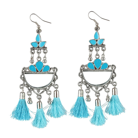 Fashion Women's Oxidized Silver plated Firoji Tassels Earrings-silver, Blue