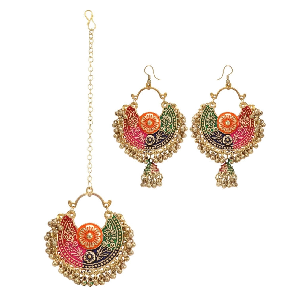 Fashion Women's Gold Oxidized Earrings and Maang Tikka-Multi