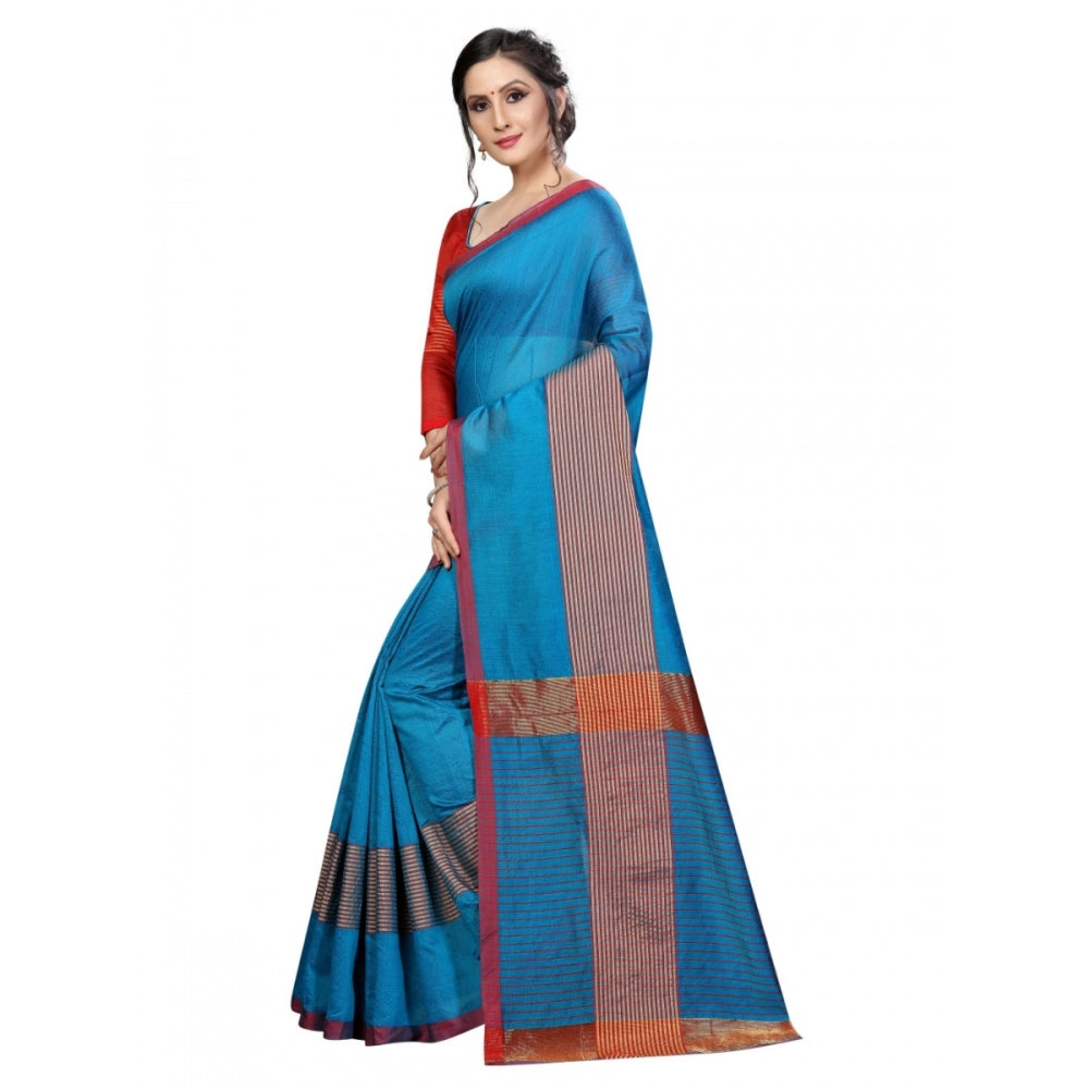 Amfyn Women's Cotton Saree With Blouse (Sky Blue, 5-6 Mtrs)