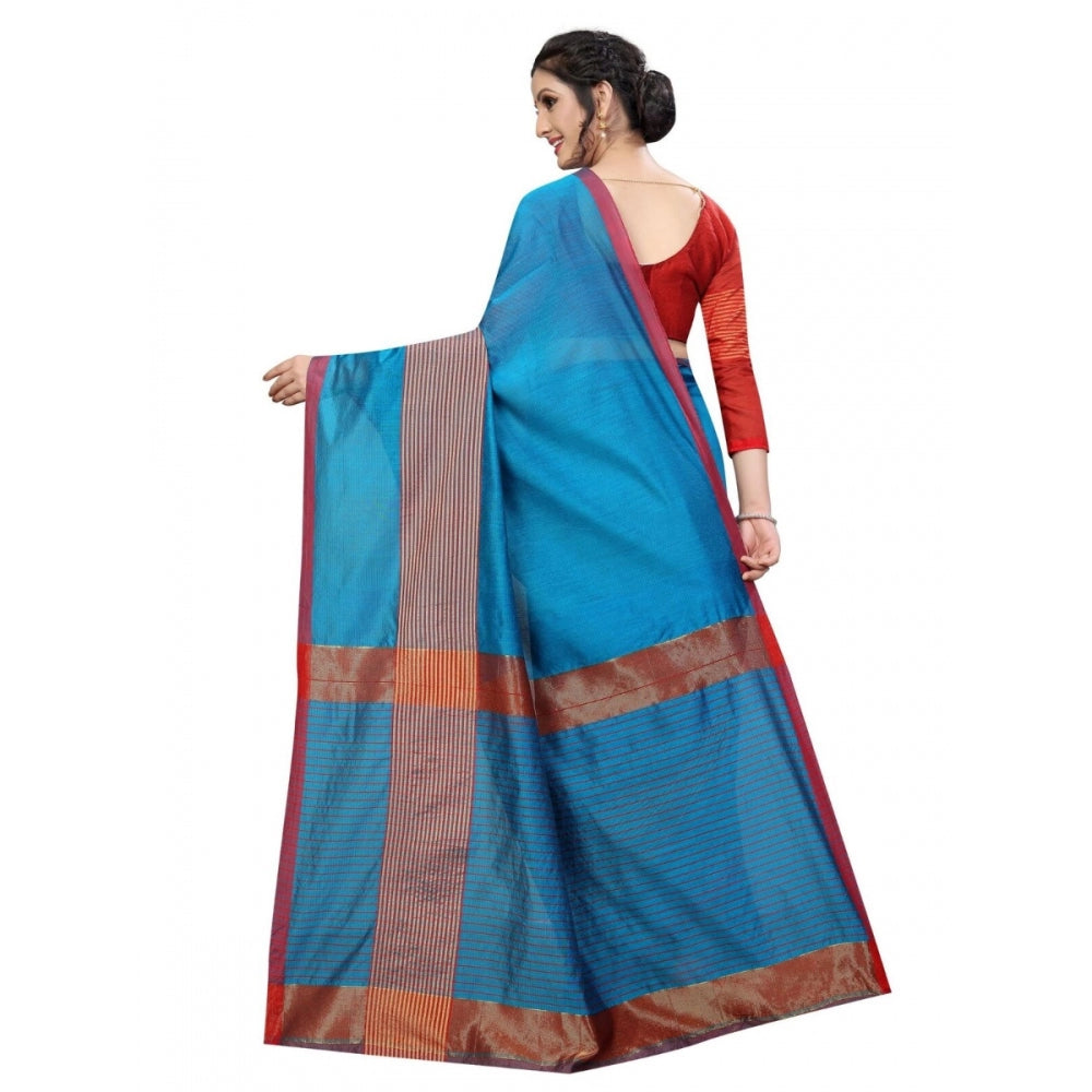 Amfyn Women's Cotton Saree With Blouse (Sky Blue, 5-6 Mtrs)