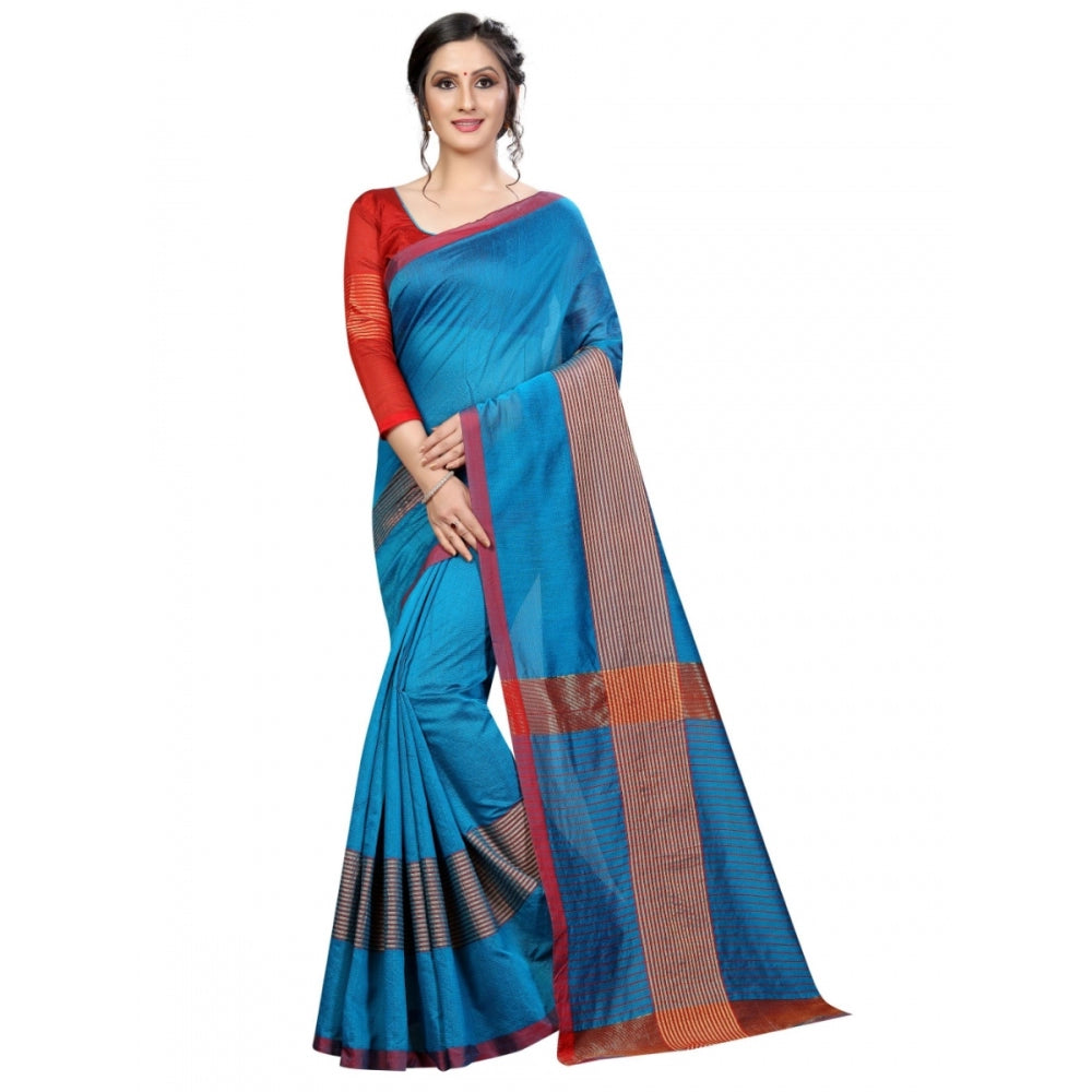 Amfyn Women's Cotton Saree With Blouse (Sky Blue, 5-6 Mtrs)