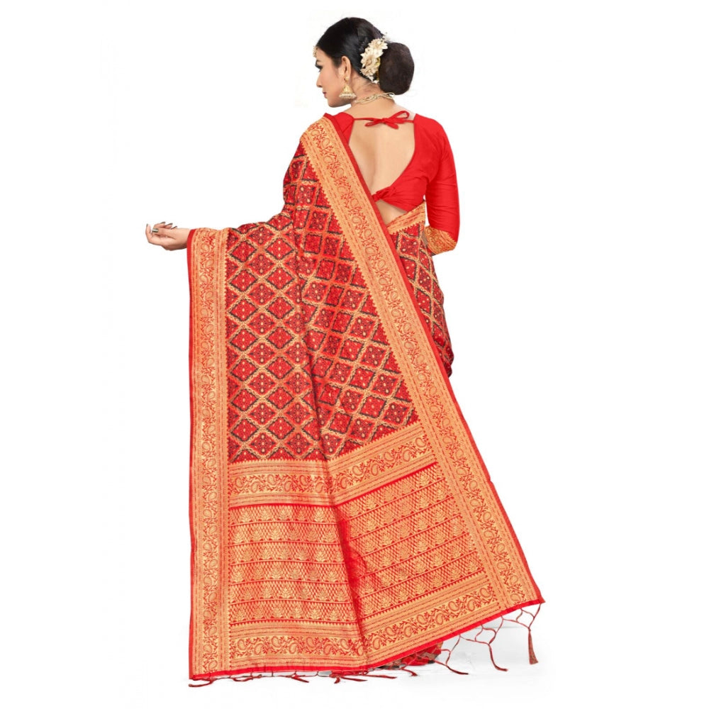 Amfyn Women's Banarasi silk Saree with Blouse (Red,black, 5-6mtr)