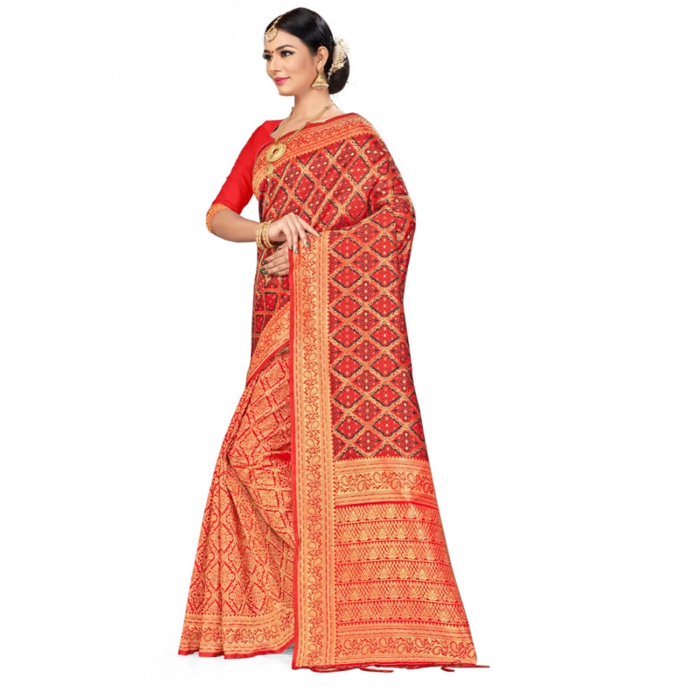 Amfyn Women's Banarasi silk Saree with Blouse (Red,black, 5-6mtr)