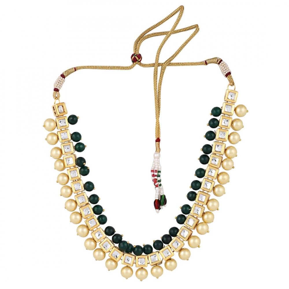 Stylish Square Kundan with Green Onyx Stone and Shining Beige Pearl Necklace Set with Earrings