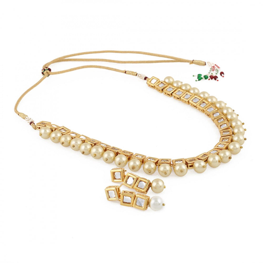 Stylish Square Kundan and Shining Beige Pearl Necklace Set With Earrings