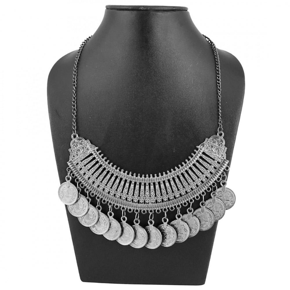 Alloy Tribal Design Oxidized Silver Coin Necklace in Antique Finish