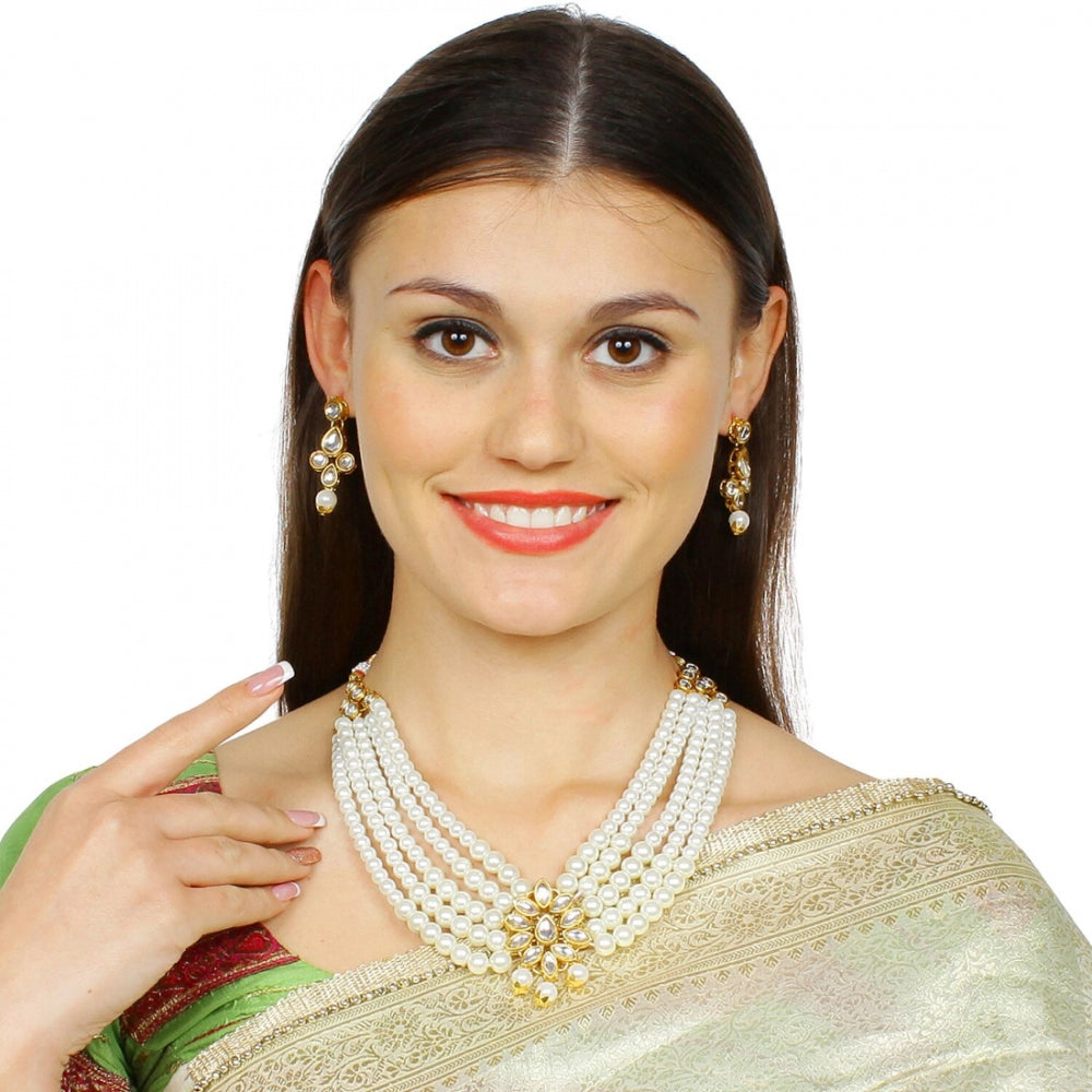 Traditional Gold Plated White 5 Layer Kundan Necklace Set with Earrings