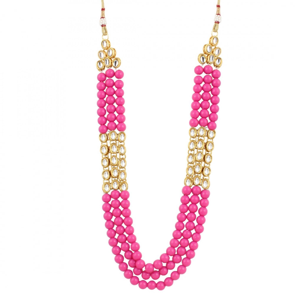 Three Layer Gold Plated Pink Kundan Necklace Set with Earrings