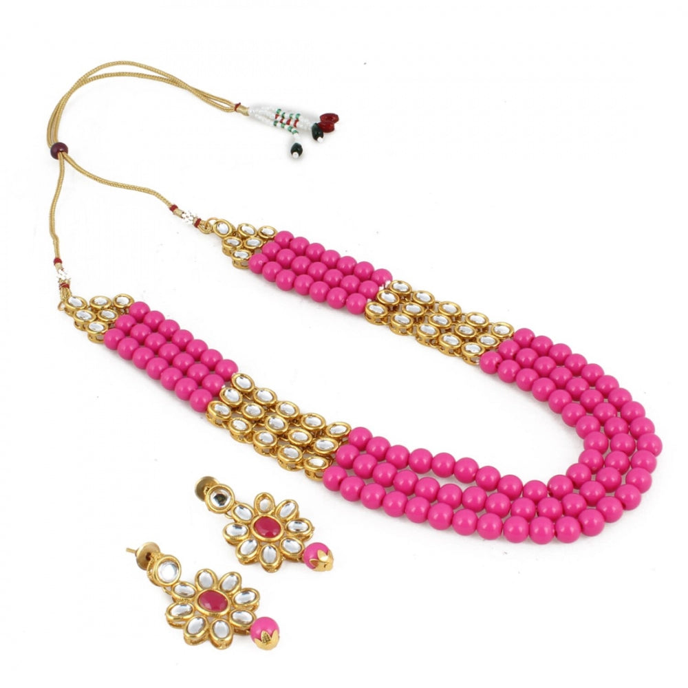 Three Layer Gold Plated Pink Kundan Necklace Set with Earrings