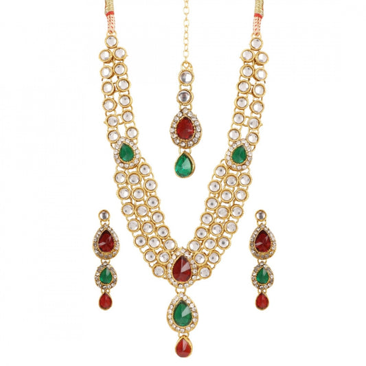 Traditional Green and Maroon Gold Plated Kundan Necklace with Earrings