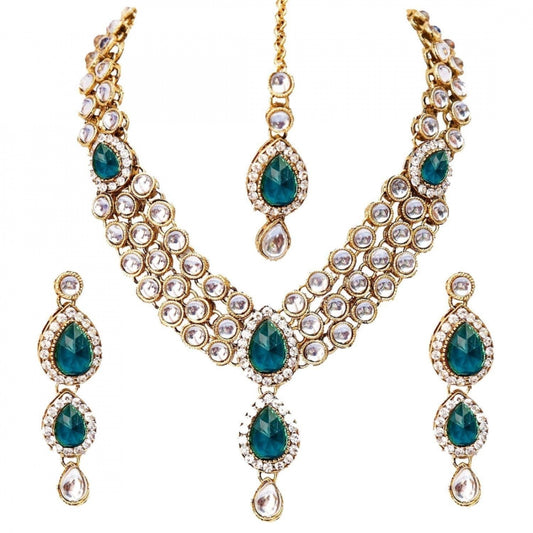 Traditional Green Stone Gold Plated Kundan Necklace Set with Earrings