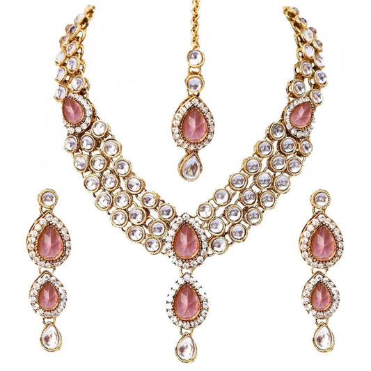 Traditional Pink Party Gold Plated Kundan Necklace Set with Earrings