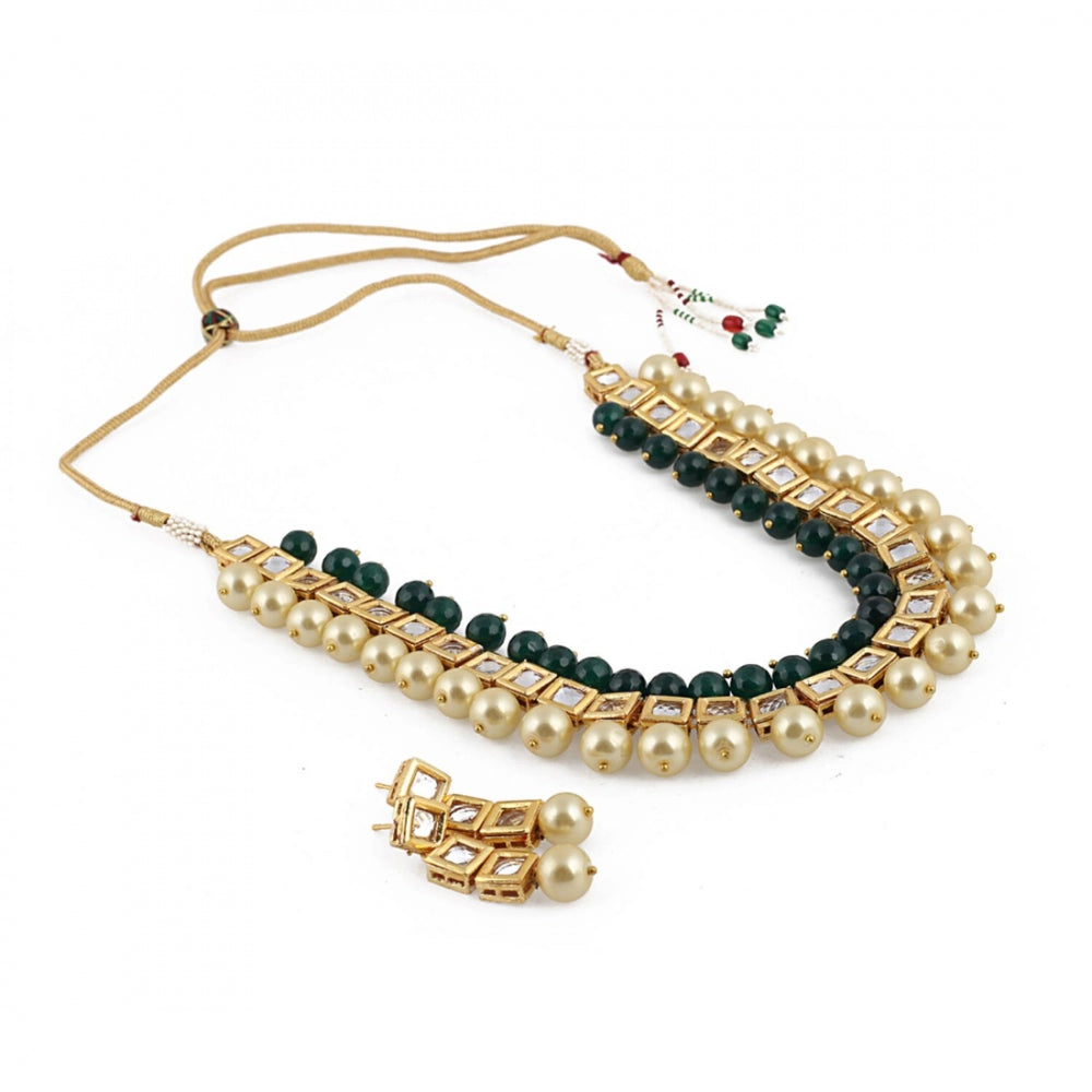 Stylish Square Kundan with Green Onyx Stone and Shining Beige Pearl Necklace Set with Earrings