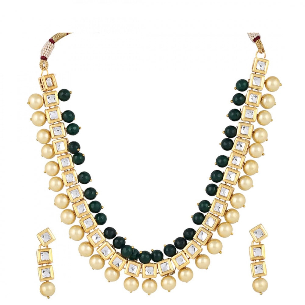 Stylish Square Kundan with Green Onyx Stone and Shining Beige Pearl Necklace Set with Earrings