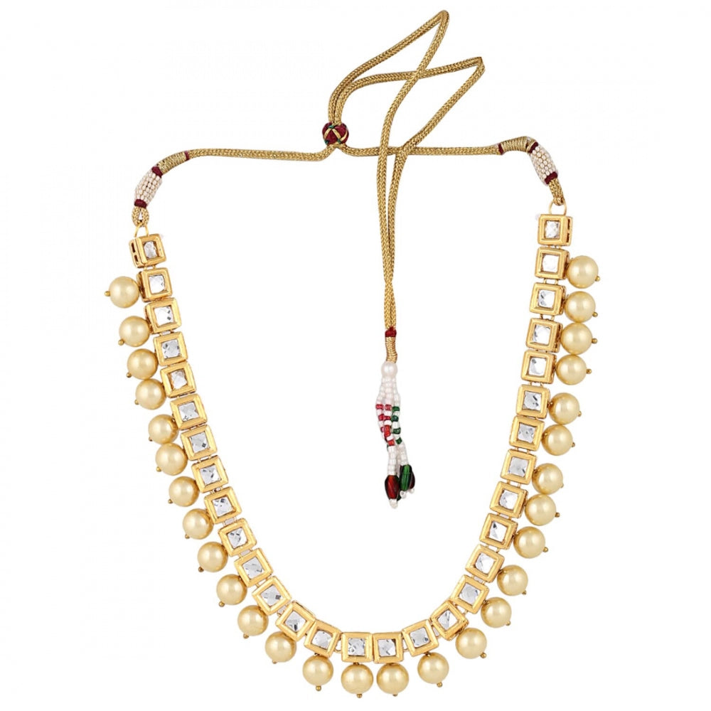 Stylish Square Kundan and Shining Beige Pearl Necklace Set With Earrings