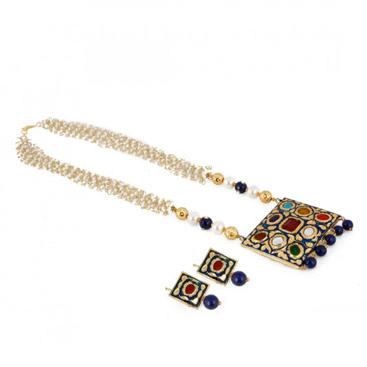 Designer Blue Navratan and Kundan Necklace Set with Onyx Beads