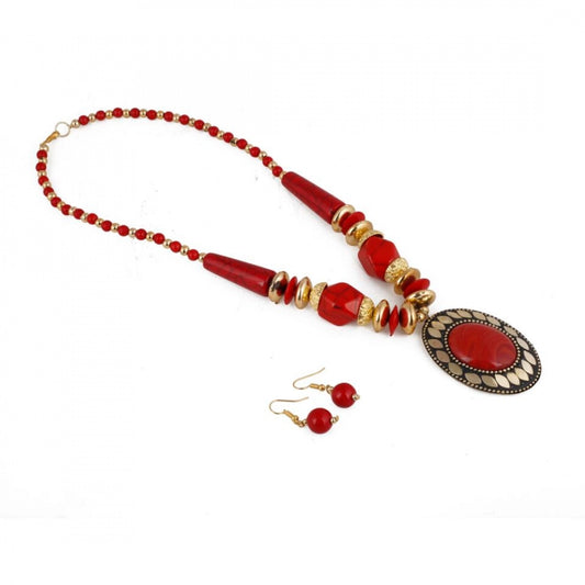 Tibetan Style Handmade Red Beads Necklace with Earrings Set