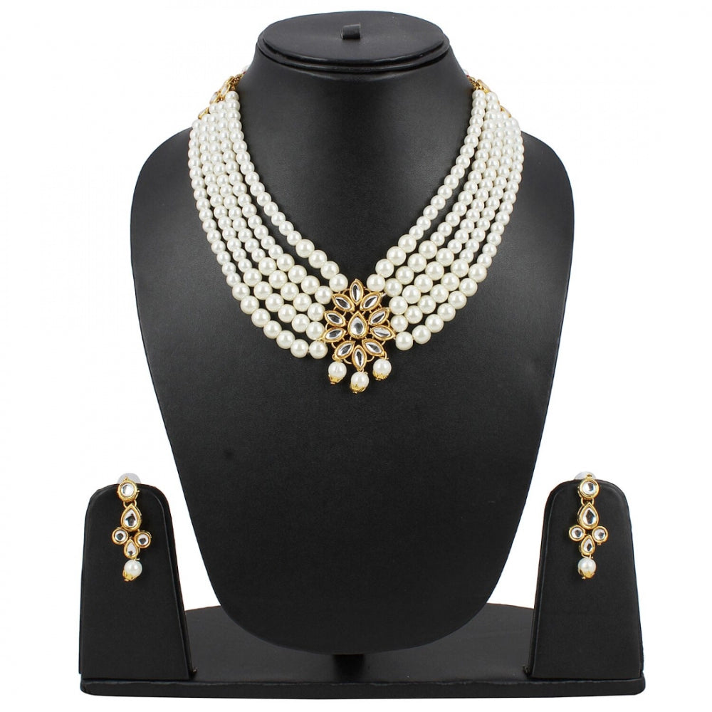 Traditional Gold Plated White 5 Layer Kundan Necklace Set with Earrings