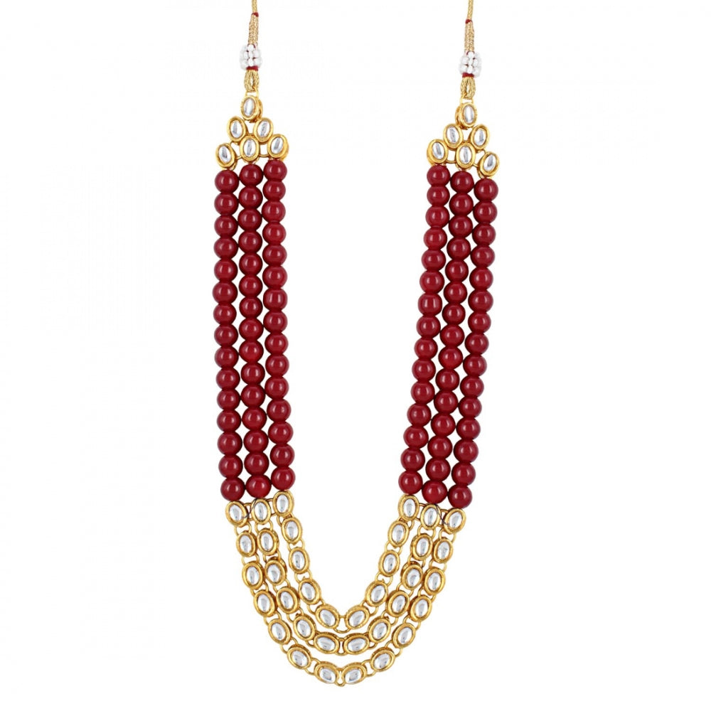 Traditional Designer Maroon Beads Kundan Necklace Set with Earrings