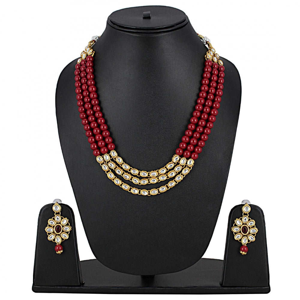 Traditional Designer Maroon Beads Kundan Necklace Set with Earrings