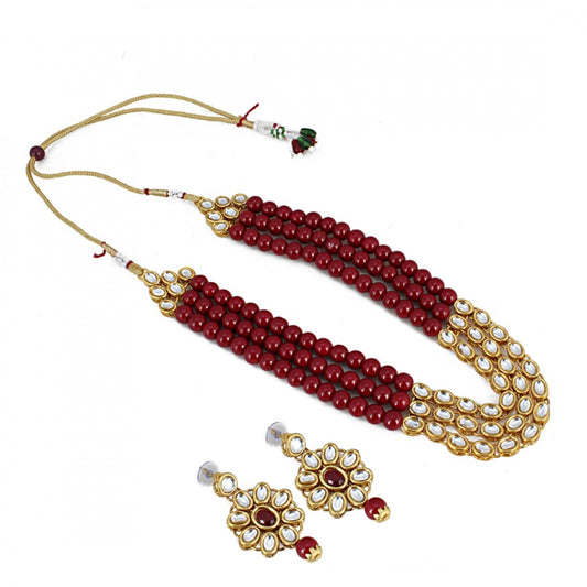 Traditional Designer Maroon Beads Kundan Necklace Set with Earrings