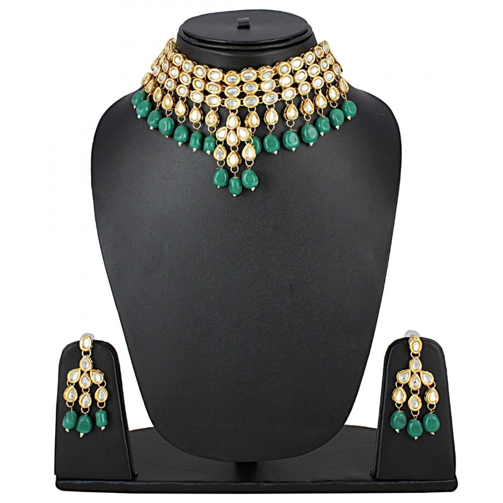 Green Kundan Metal Necklace With Earrings Set