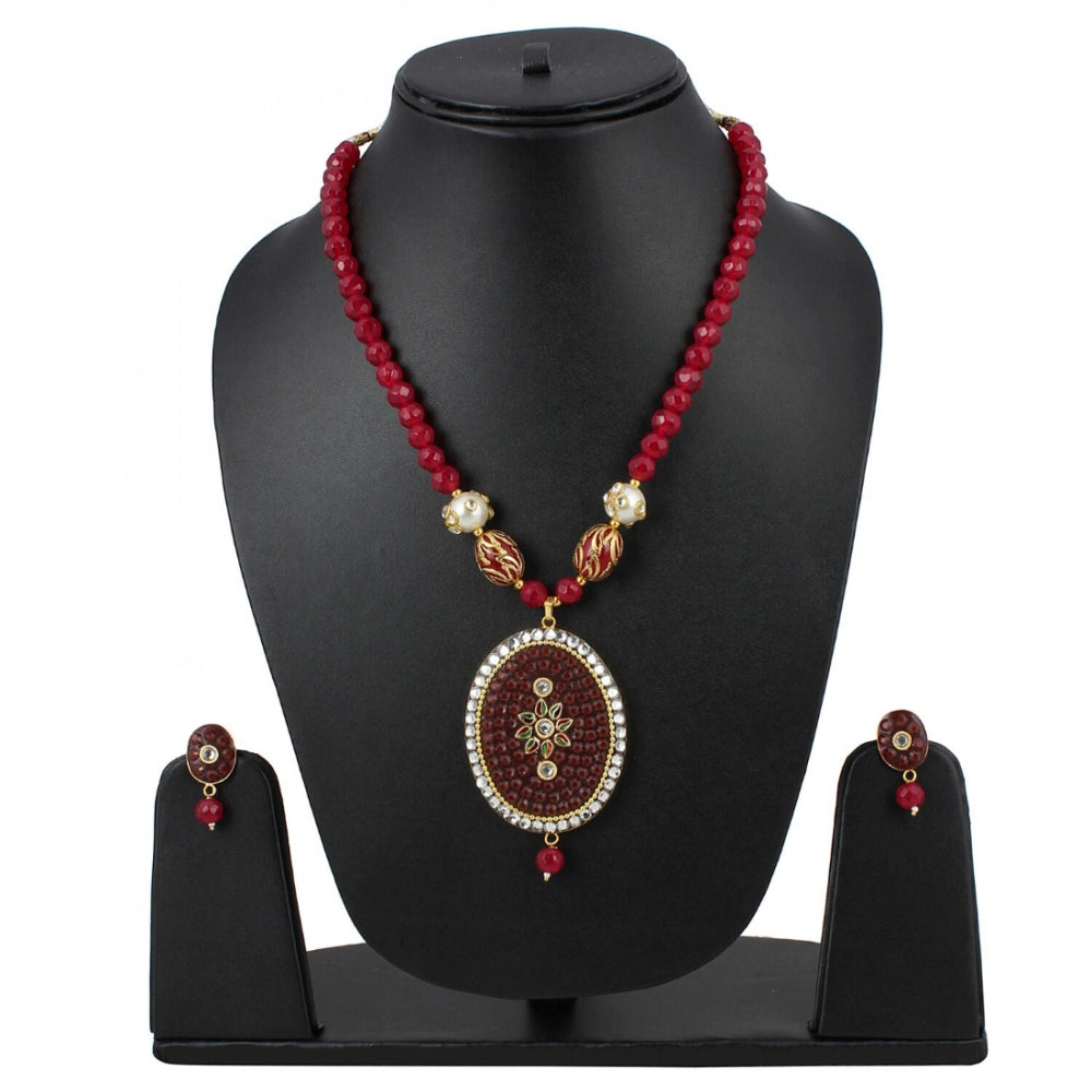 Stylish Maroon Golde Plated Traditional Kundan Necklace Set with Earrings