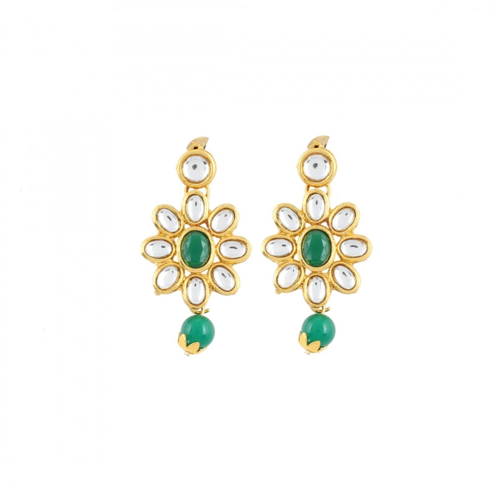 Three Layer Gold Plated Green Kundan Necklace Set with Earrings