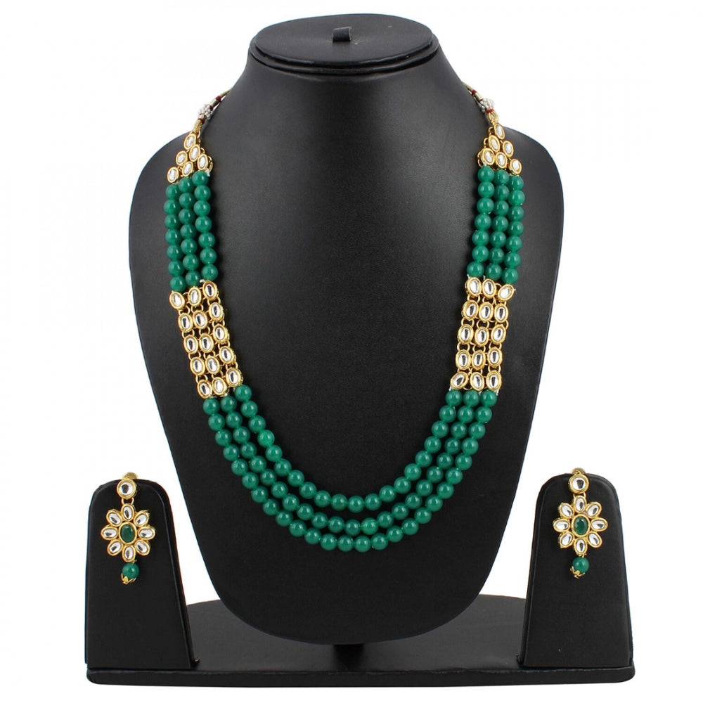 Three Layer Gold Plated Green Kundan Necklace Set with Earrings