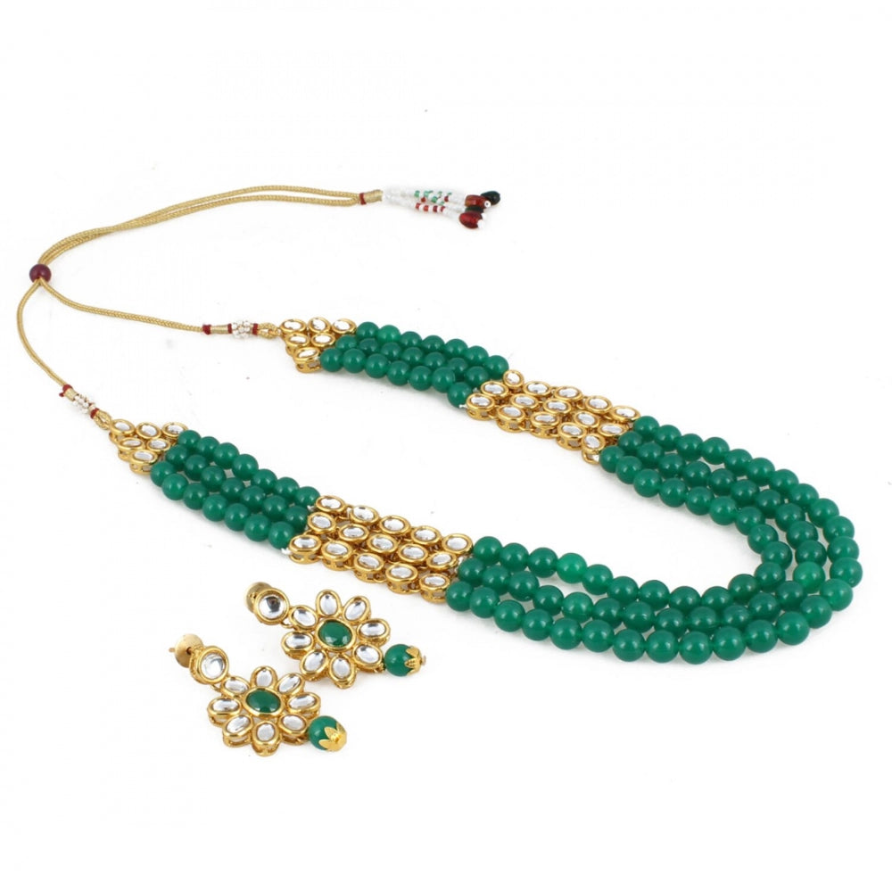 Three Layer Gold Plated Green Kundan Necklace Set with Earrings