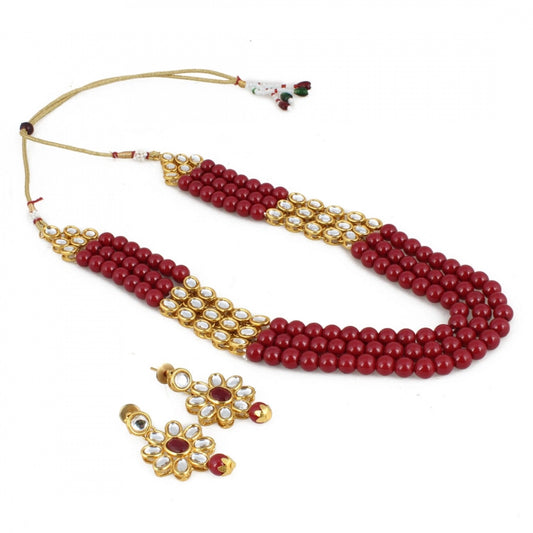 Three Layer Gold Plated Maroon Kundan Necklace Set with Earrings