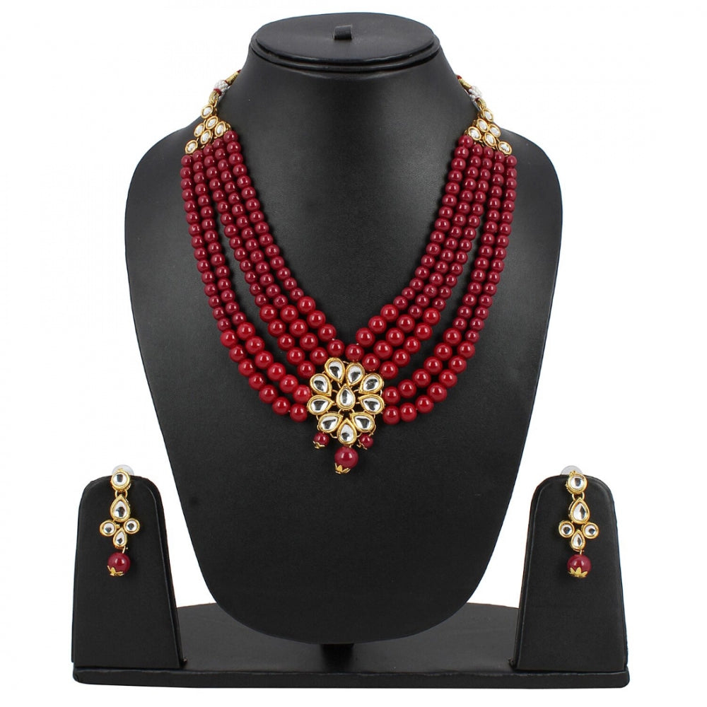 Traditional Gold Plated Maroon 5 Layer Kundan Necklace Set with Earrings