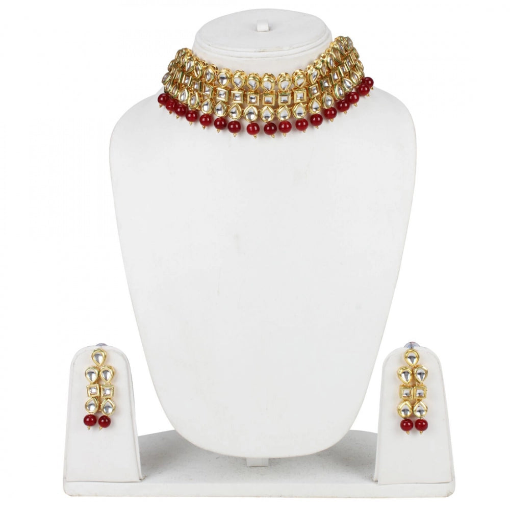 Elegant Gold Plated Bollywood Inspired Maroon Traditional Kundan Necklace Set