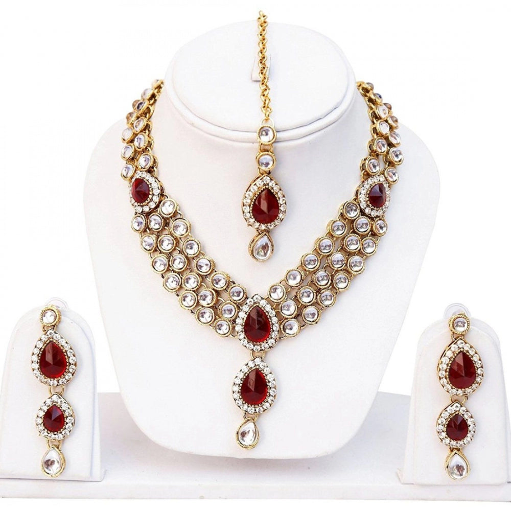 Traditional Layered Gold Plated Maroon Kundan Necklace with Earrings