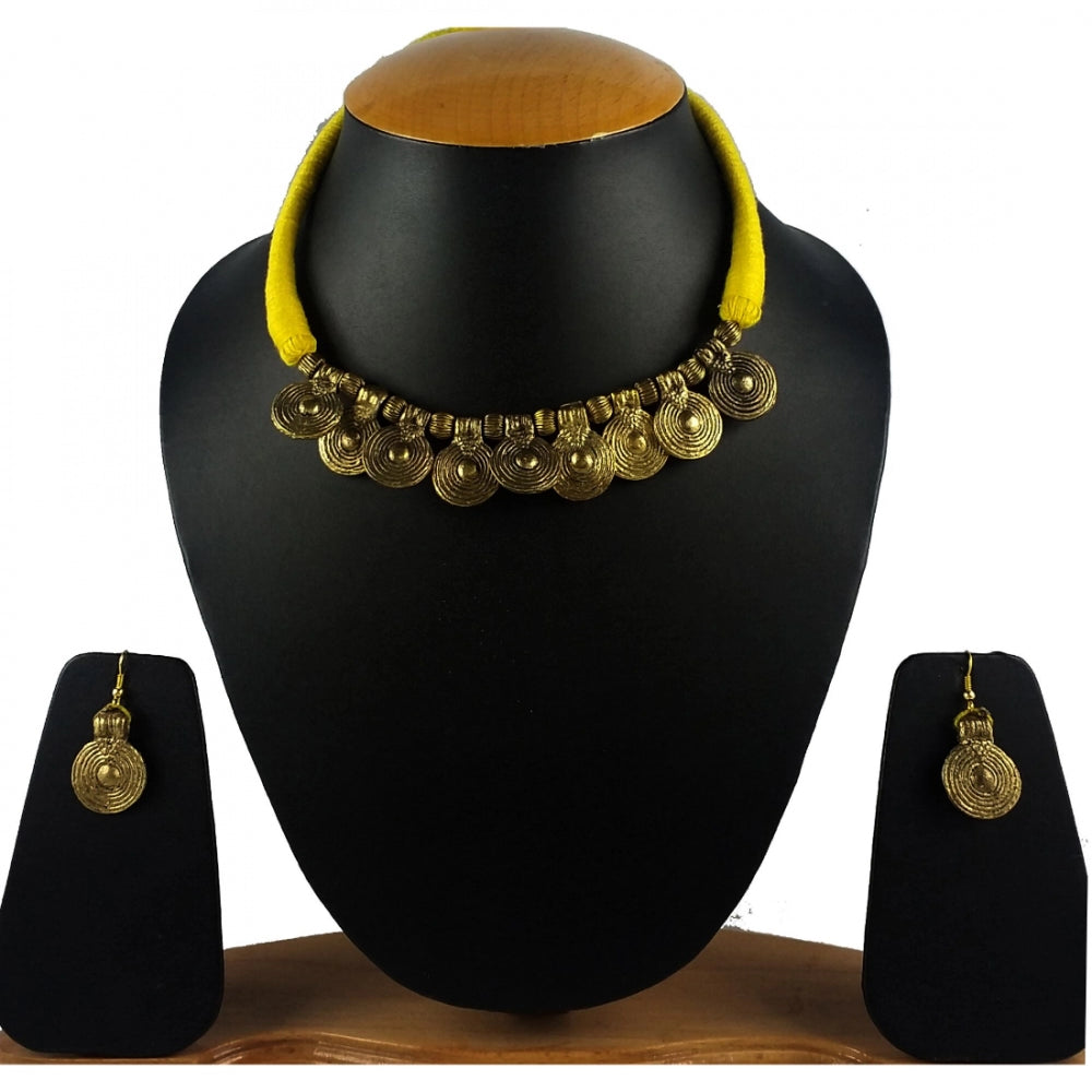 Yellow Silk Thread Necklace Set with Earring