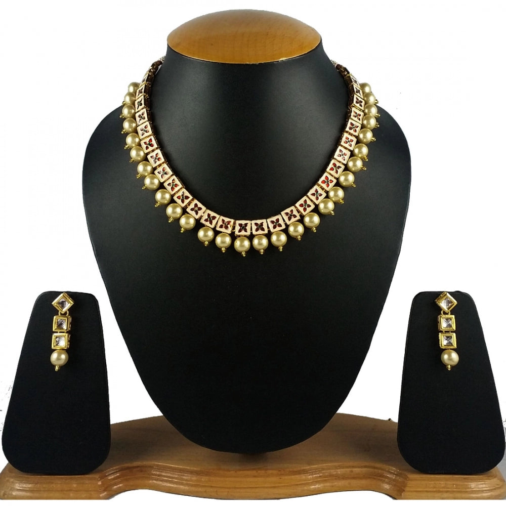 Stylish Square Kundan and Shining Beige Pearl Necklace Set With Earrings