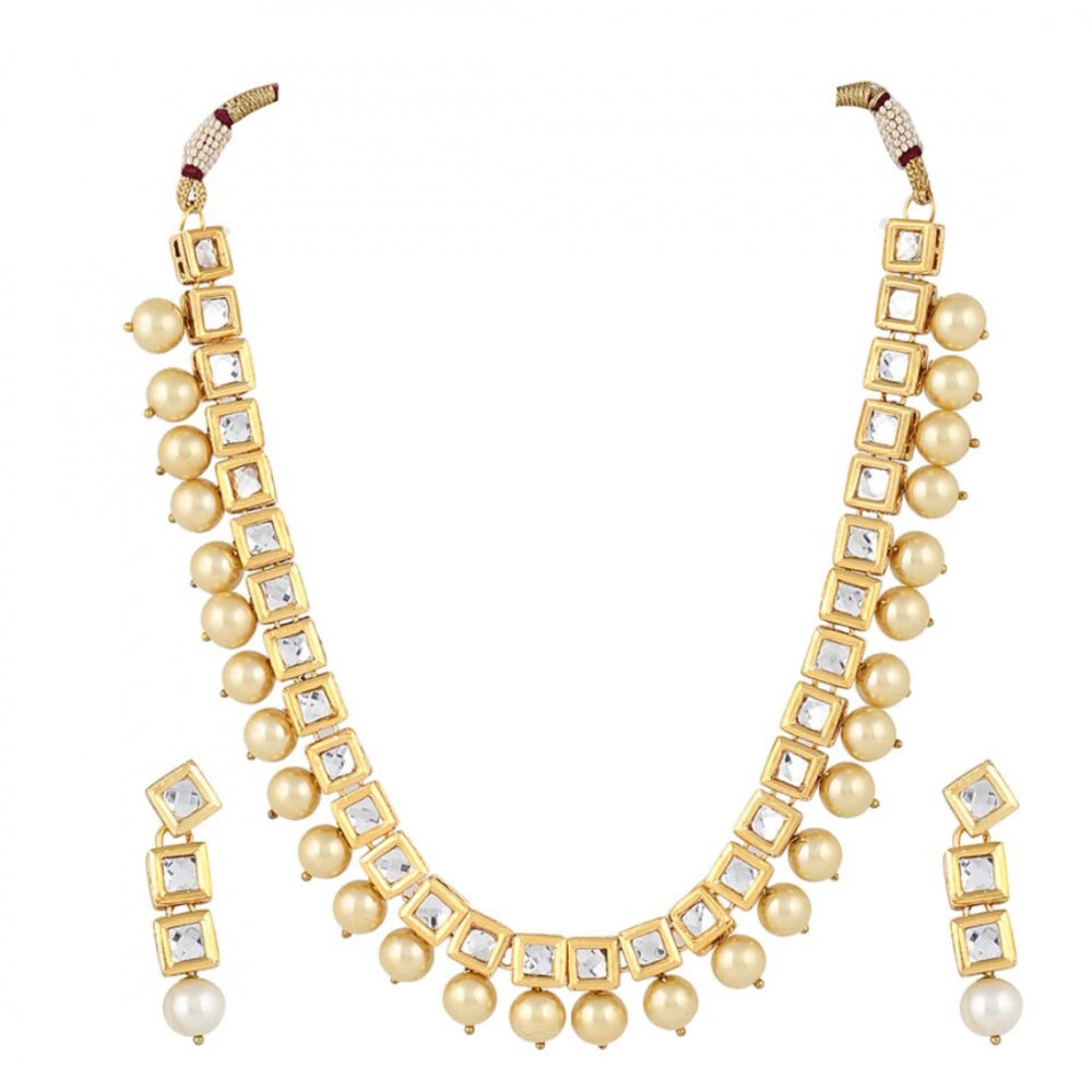 Stylish Square Kundan and Shining Beige Pearl Necklace Set With Earrings