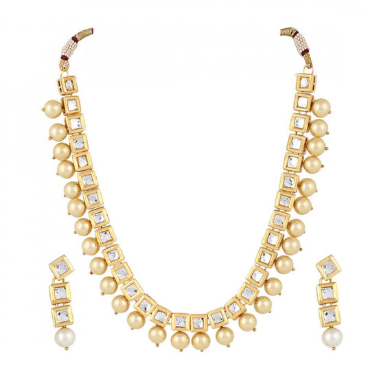 Stylish Square Kundan and Shining Beige Pearl Necklace Set With Earrings